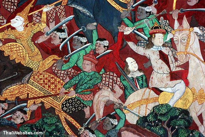 A battle scene. Often foreigners are depicted amongst the soldiers.