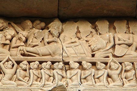 Lakshmana, pierced by an arrow, and surrounded by monkeys