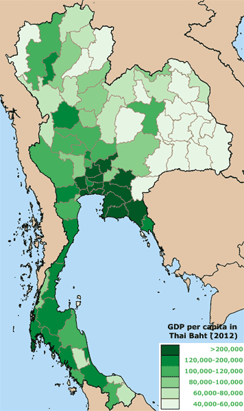 Map with Provinces of Thailand and GDP per province. Updated 2014.